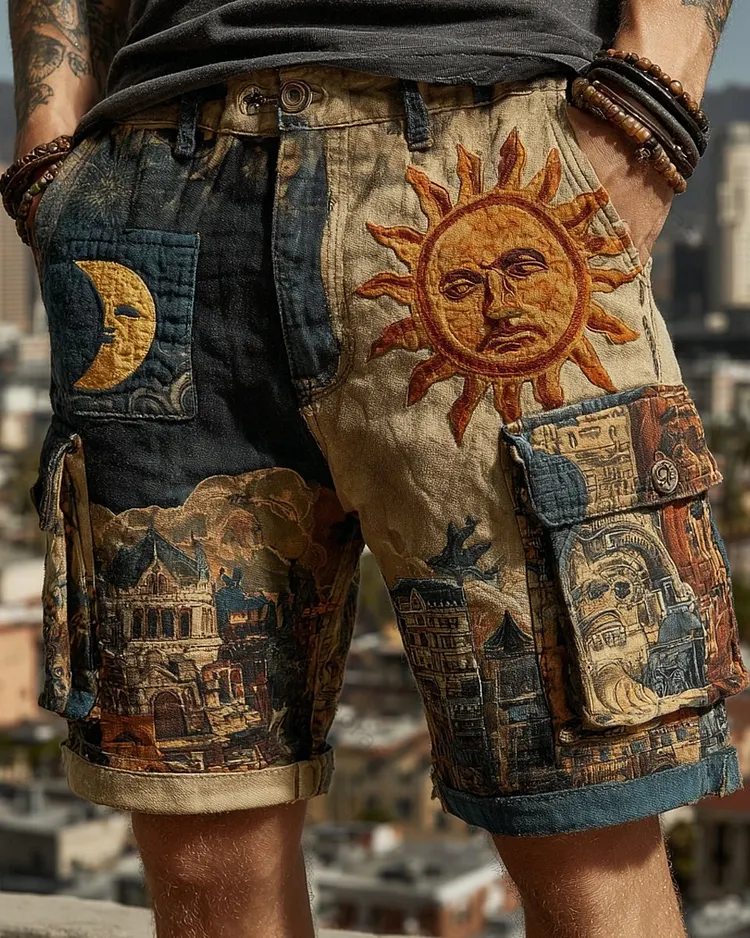 Men's Summer Fashion Star and Moon Print Embroidered Casual Linen Shorts 9045