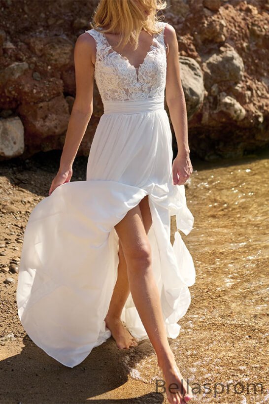 Bellasprom V-Neck Sleeveless Chiffon Wedding Dress Slit Long With Lace Appliques Bellasprom