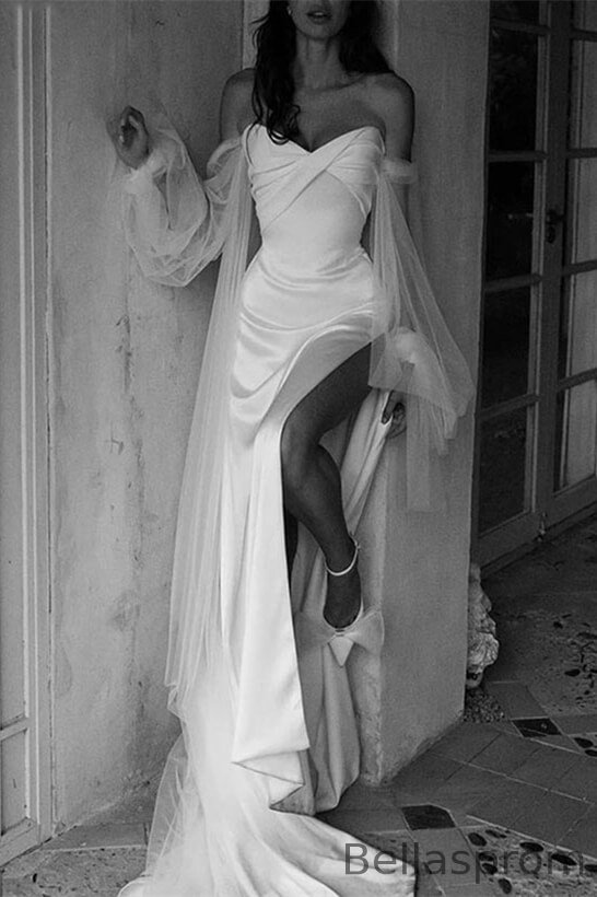 Bellasprom Sweetheart Side Slit Wedding Dress With Tulle Long Sleeves Bellasprom