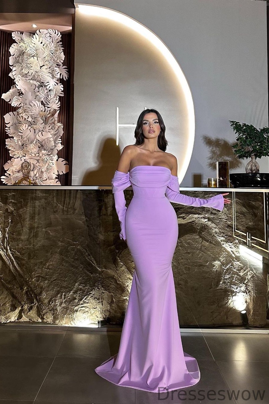 Dresseswow Lilac Off-the-Shoulder Long Sleeves Prom Dress Mermaid Long