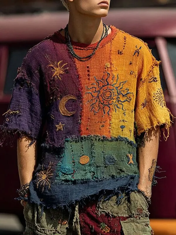 Men's Mysterious Moon Sun Colorblock Patchwork Print Casual T-Shirt f172