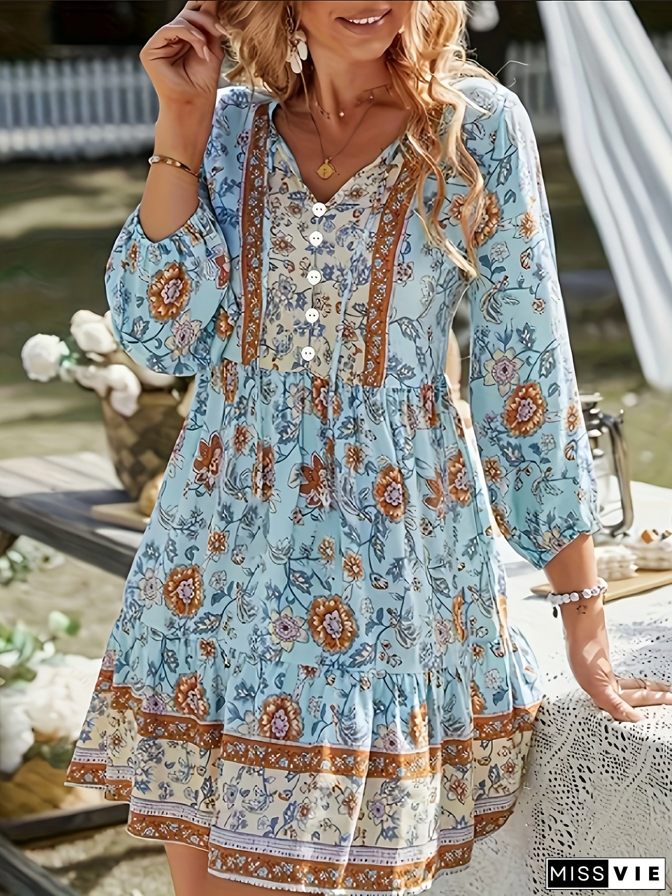 Womens Bohemian Maxi Dress Tropical Floral Print BlueOrangeTealBeigeWhitePurple V-Neck
