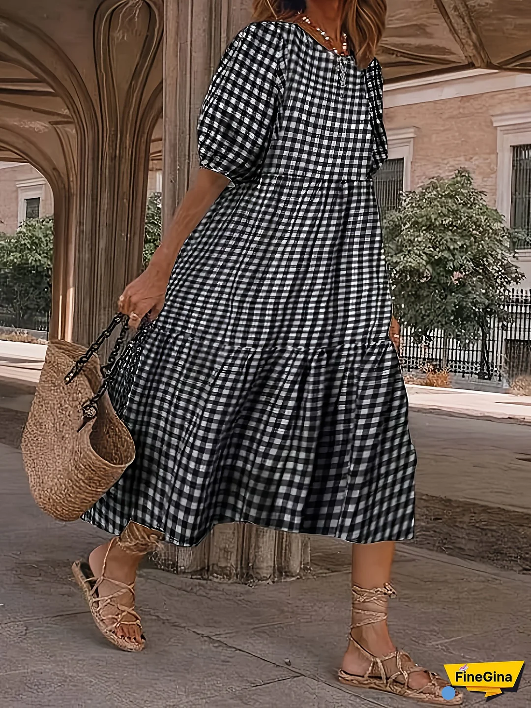 Women's Black & White Checkered A-Line Dress - Casual Short Sleeve Round Neck Summer Dress with Vertical Pleats, Stretchy Polyester-Spandex Blend, Machine Washable for Spring/Summer