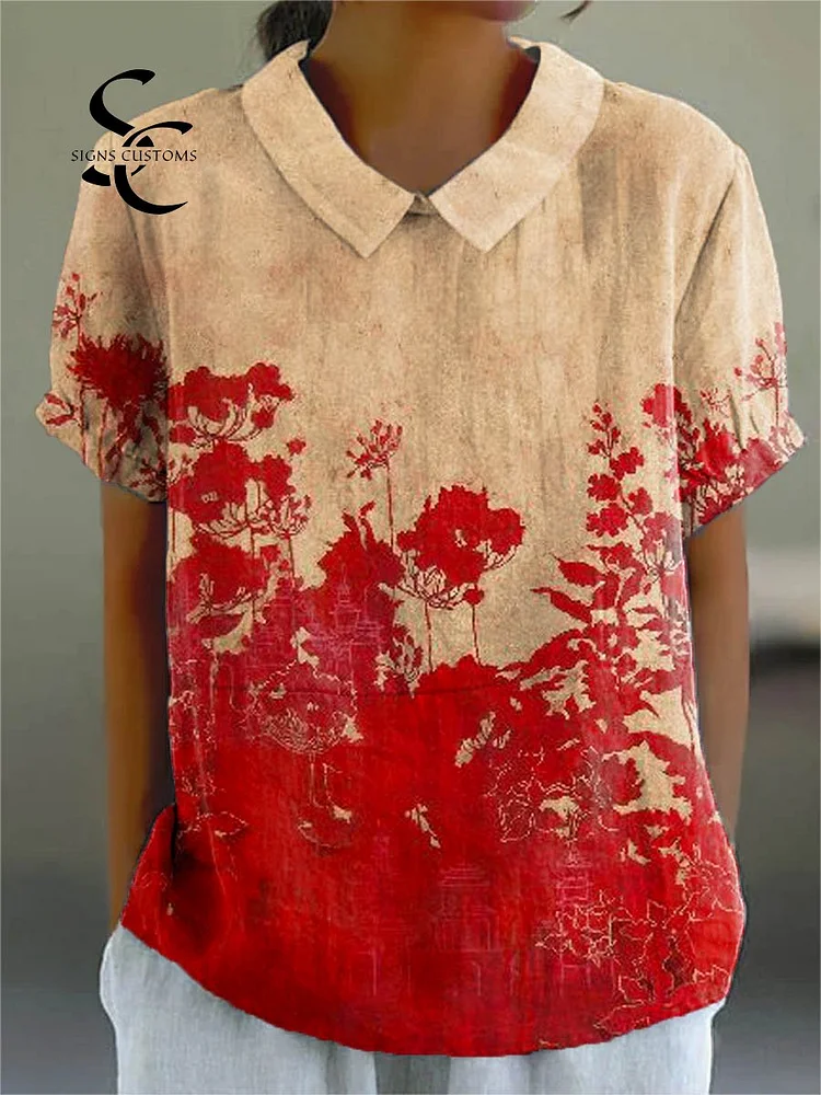 Women's Vintage Floral Art Print Casual Cotton And Linen Shirt