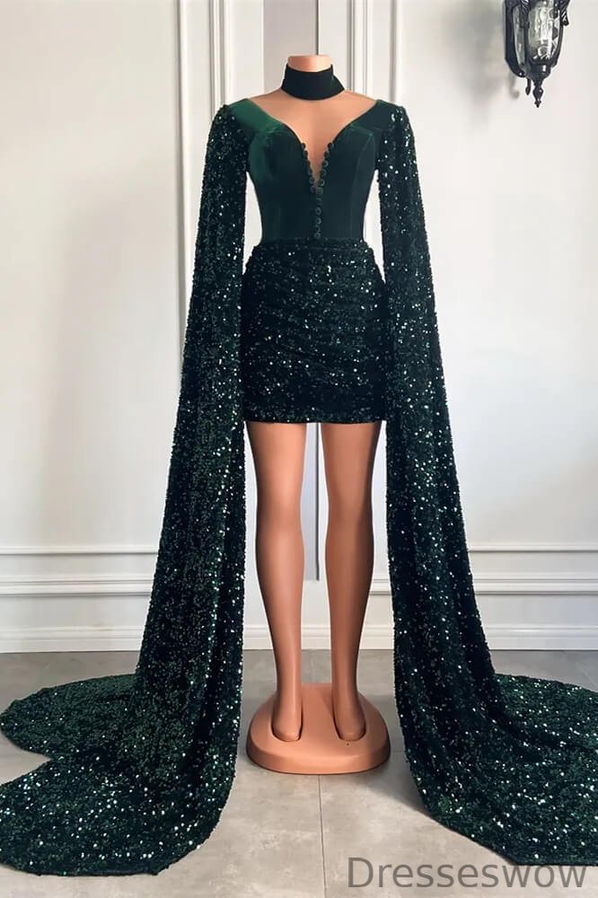 Dresseswow Dark Green V-Neck Ruffle Long Sleeves Short Evening Gowns With Sequins