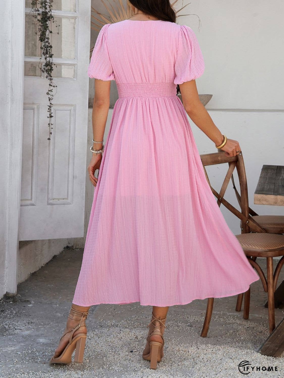 Devine V-Neck Puff Short Sleeve Midi Dress | IFYHOME