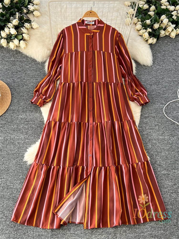 IO Dress SINGREINY 2025 Vacation Striped Loose Dress Female O Neck Single Breasted Lantern Sleeve Autumn Print Women's Maxi Shirt Dress IO Dress