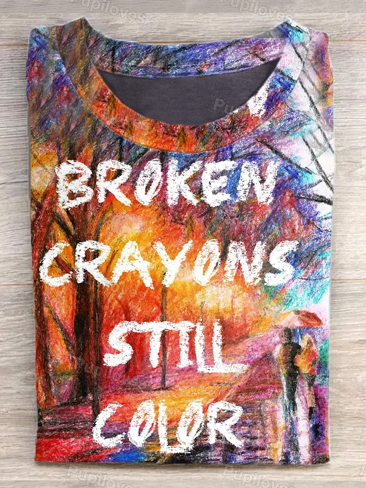 Pupiloves Pupiloves  Women's Loose Broken Crayons Still Color Casual Short Sleeve T-Shirt