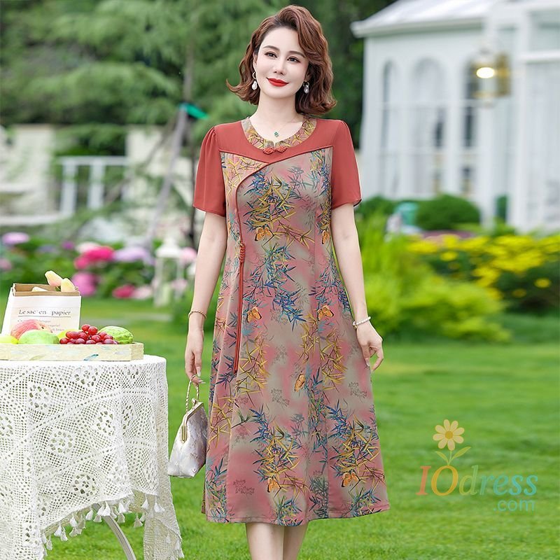 IO Dress Women's New Ice Silk Round Neck Button Printing Fashionable Versatile Casual Slim Short-sleeved Dresses IO Dress