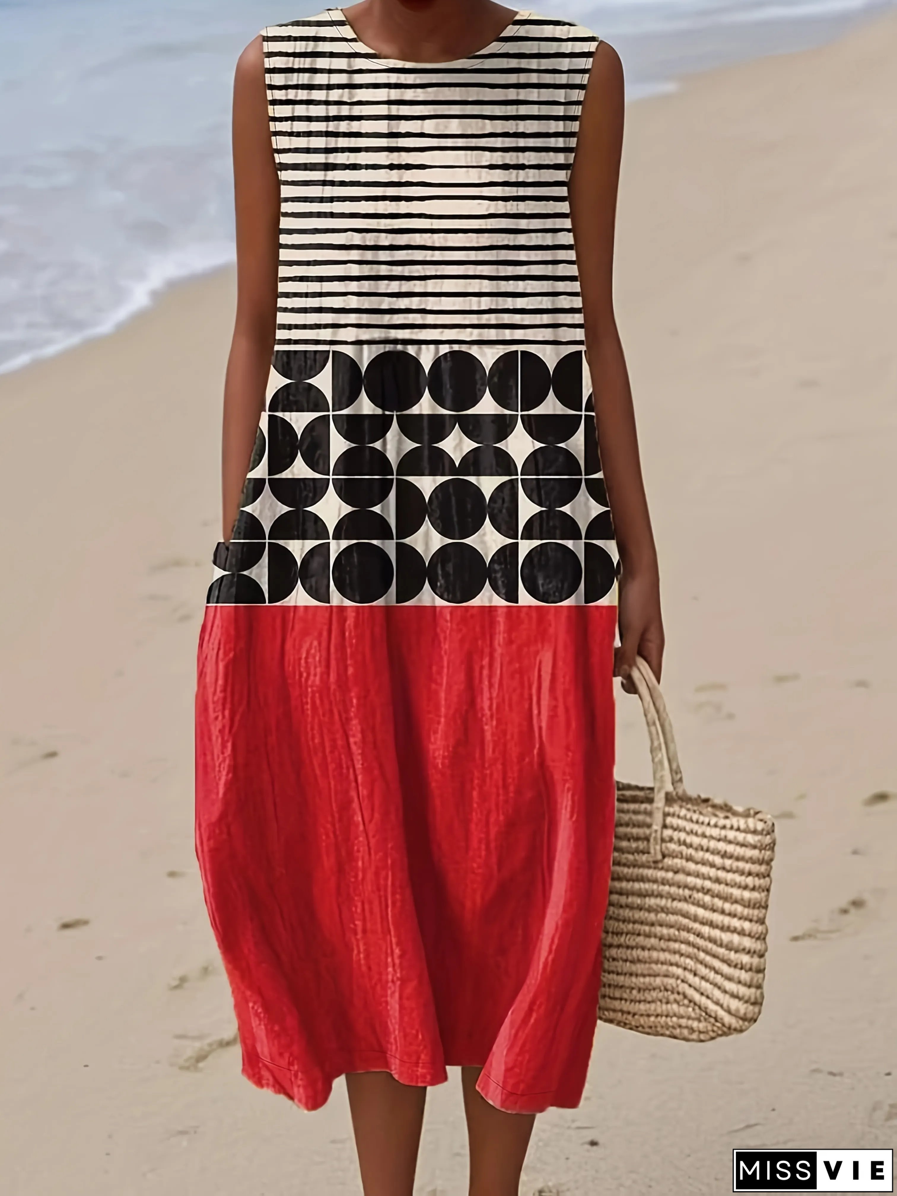 Womens Casual Striped Geometric Loose Fit Maxi Dress Flowy Summer Beach For Adults