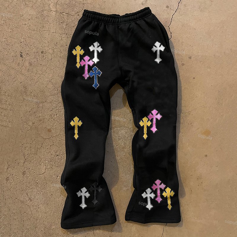 Sopula Vintage Colored Cross Print Graphic Flared Sweats Trousers