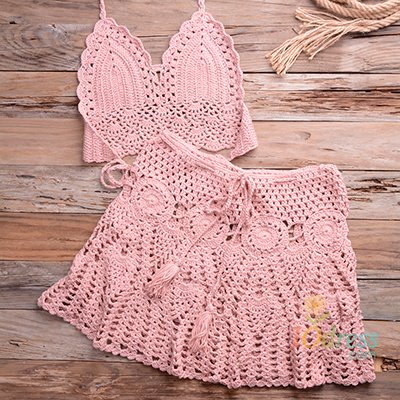 IO Dress CROCHET BIKINI Two-piece Crochet Women Bikini Set Cover Up Swimsuit Swim Skirt Swimwear Bathing Swimdress Beachwear