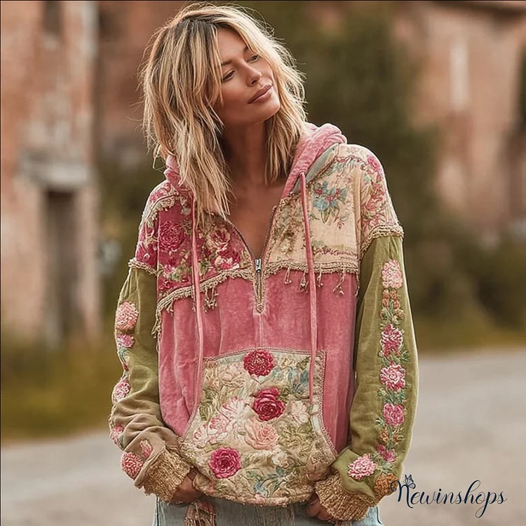 Ladies' Vintage Multi-colored Floral Cotton And Linen Hoodie