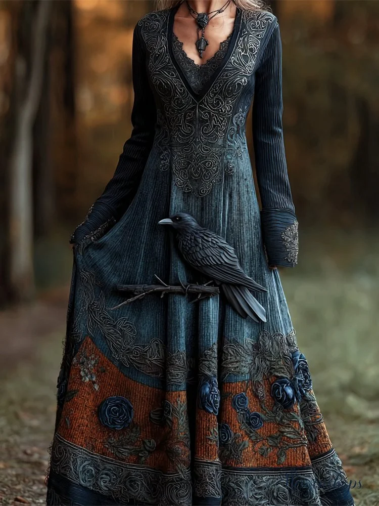 Halloween Vintage Rose Raven Dark Art Women's V-neck Long-sleeve Maxi Dress