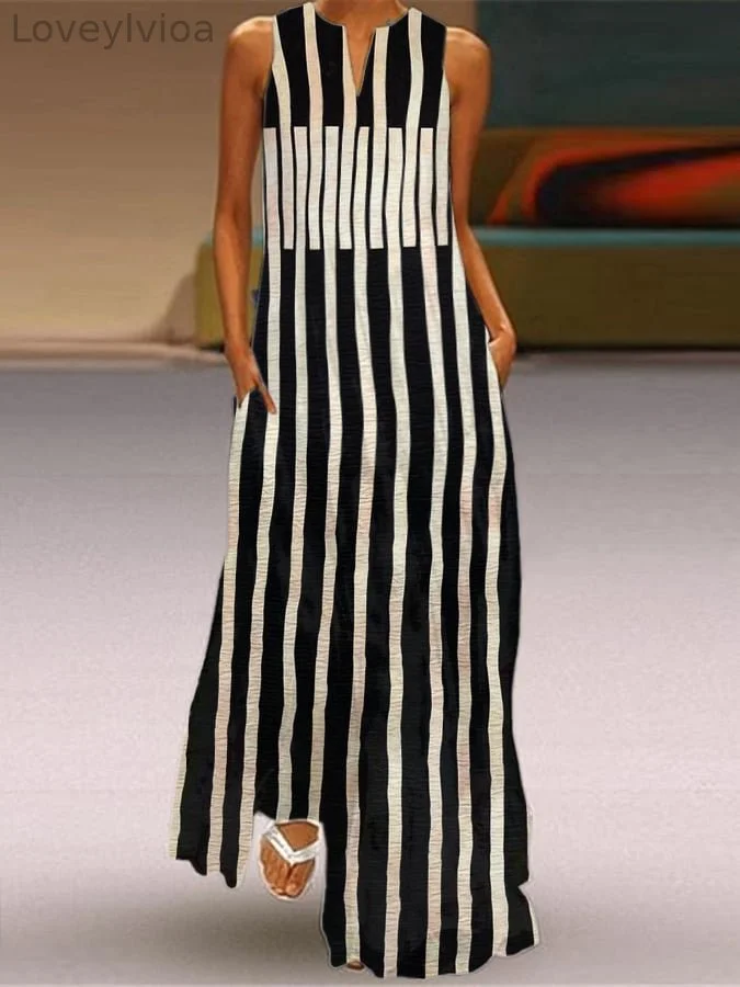 Women's Vintage Striped Pattern Print V-Neck Sleeveless Dress