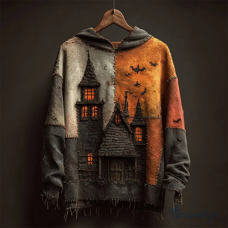 Halloween Spooky Castle Colorblock Patchwork Washed Hoodie