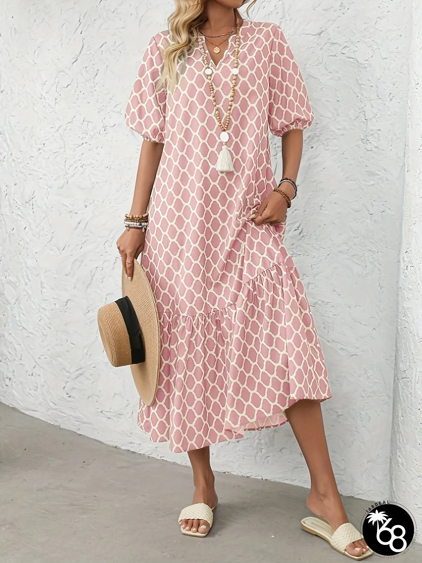 Womens Summer Casual Loose Elegant Geometric Print V-Neck Puff Sleeve Midi Dress Light | 168DEAL