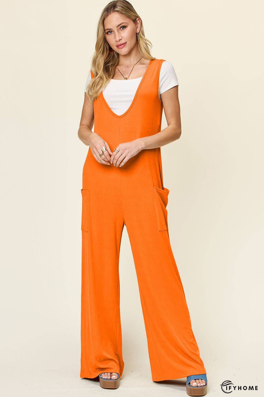 Double Take Full Size Sleeveless Wide Leg Jumpsuit with Pockets | IFYHOME
