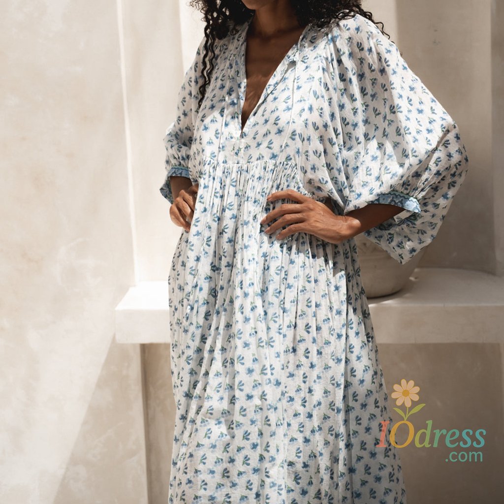 IO Dress Combhasaki Women's Y2K Lantern Puff 3/4 Sleeve Lace-up Deep V Neck Floral Print Summer Casual Loose Fit Swing A-Line Long Dress