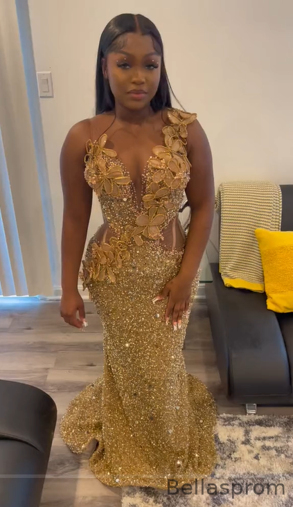 Bellasprom Gold Sleeveless Mermaid Evening Gown Sequins Lace-Up Bellasprom