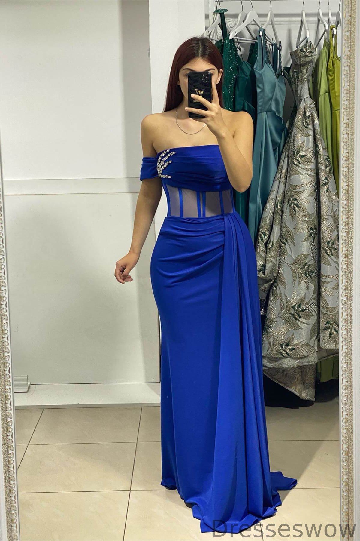 Dresseswow Royal Blue One Shoulder Mermaid Evening Gowns Beads With Ruffles On Sale