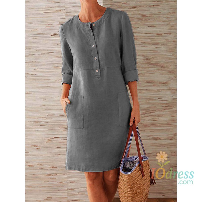 IO Dress Women Casual Soild Long Sleeve Cotton And Linen Tunic Dress Vintage Straight Dress Long Sleeve Oversized Mini Knee-Length Dress