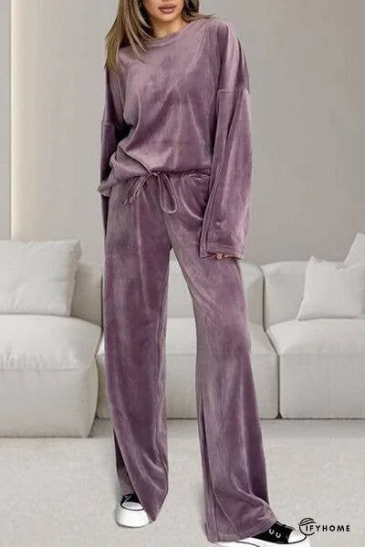 Buttery-Soft Round Neck Long Sleeve Top and Drawstring Pants Set | IFYHOME