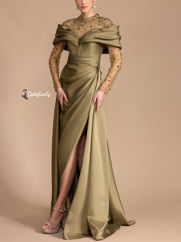 Round Neck Lace Long Sleeve Solid Color Maxi Dress