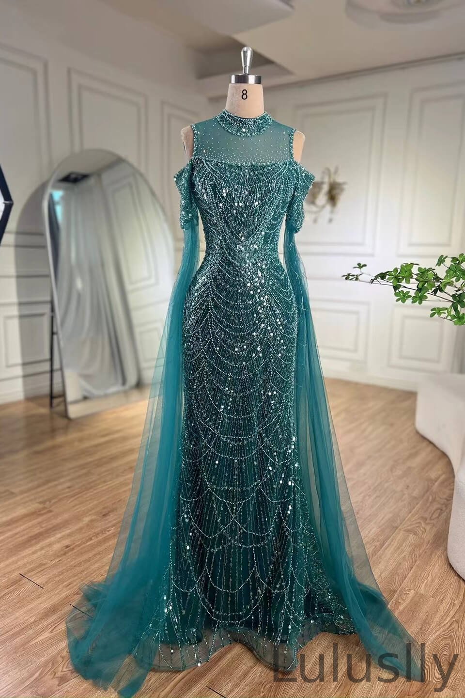 Luluslly High Neck Pearl Mermaid Evening Dress Ruffle Sleeves Long