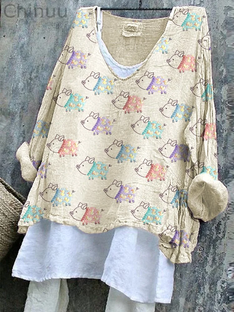 Cute Pigs Embroidery Pattern Cozy Cotton Linen Shirt