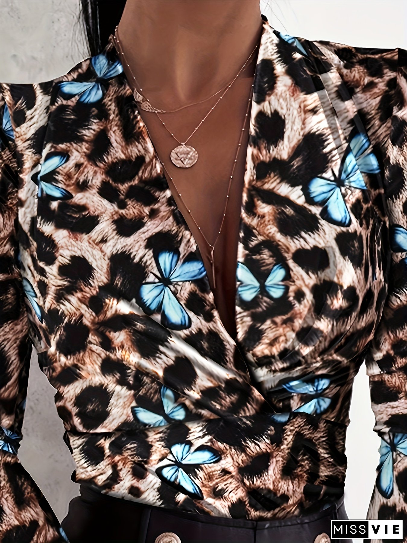 Women's Elegant Leopard Print V-Neck Blouse with Blue Butterfly Accents - Long Sleeve Machine-Washable Shirt, Regular Fit All-Season Top for Casual & Formal Wear, Ladies Blouses, Sophisticated Texture