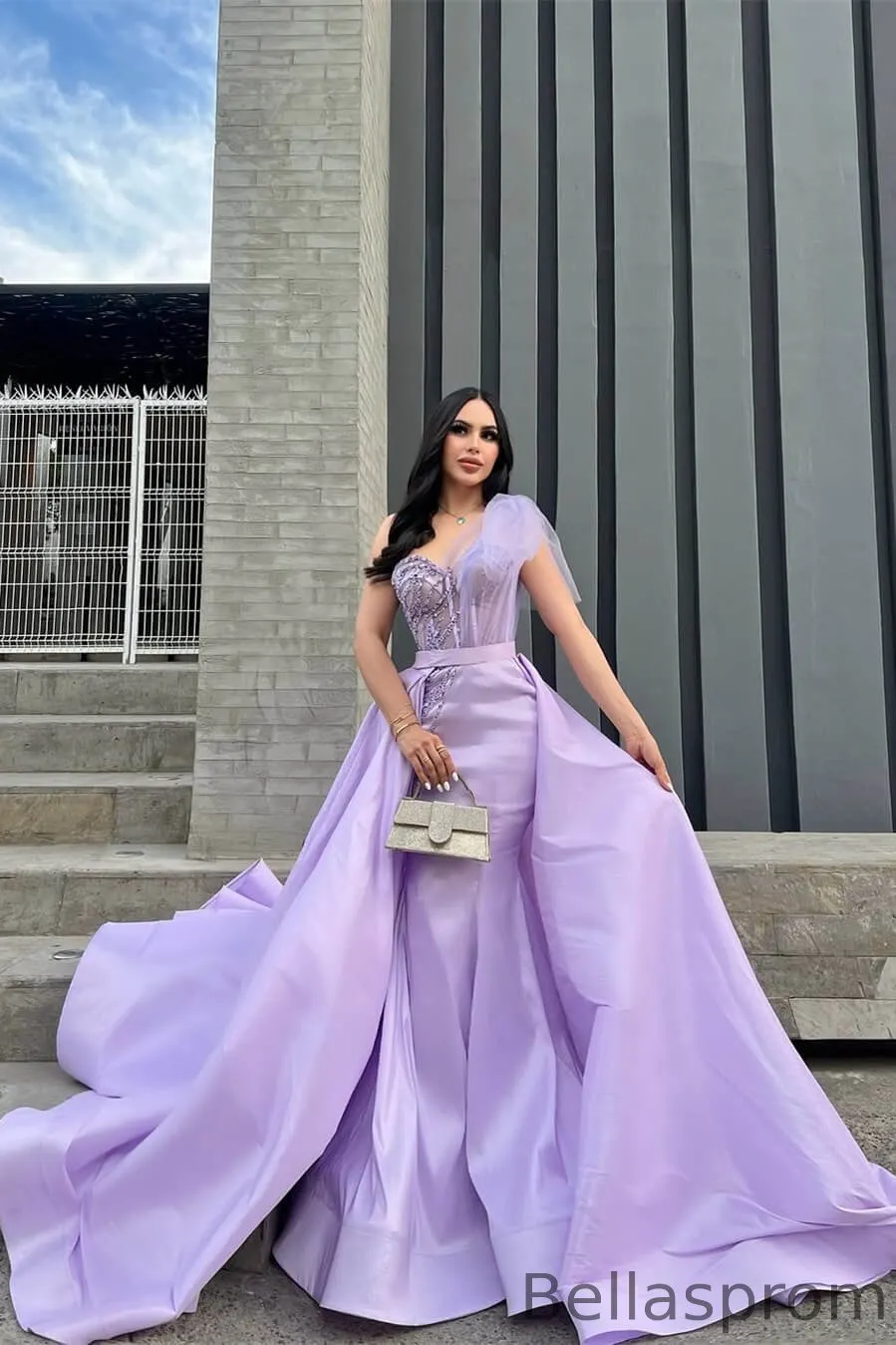 Bellasprom Lilac One Shoulder Mermaid Prom Dress Beadings with Detachable Overskirt Same As Picture-US2 Bellasprom Lilac One Shoulder Mermaid Prom Dress Beadings with Detachable Overskirt Same As Picture-US2