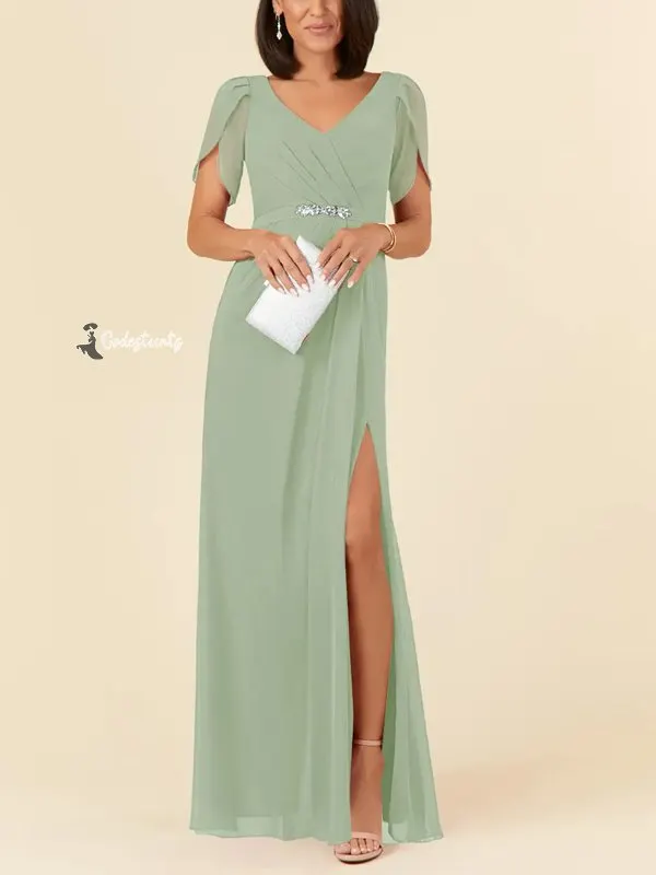 Dusty Sage Sheath V-Neck Pleated Chiffon Dress