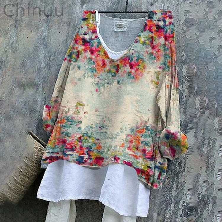 Gradient Color Floral Print Crew Neck T-Shirt