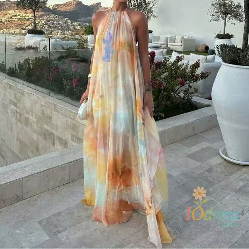 IO Dress Elegant Halter Sleeveless Vacation Long Dress Women Fashion Pattern Print Loose Bohemian Dress Sexy Backless Hollow Party Dress