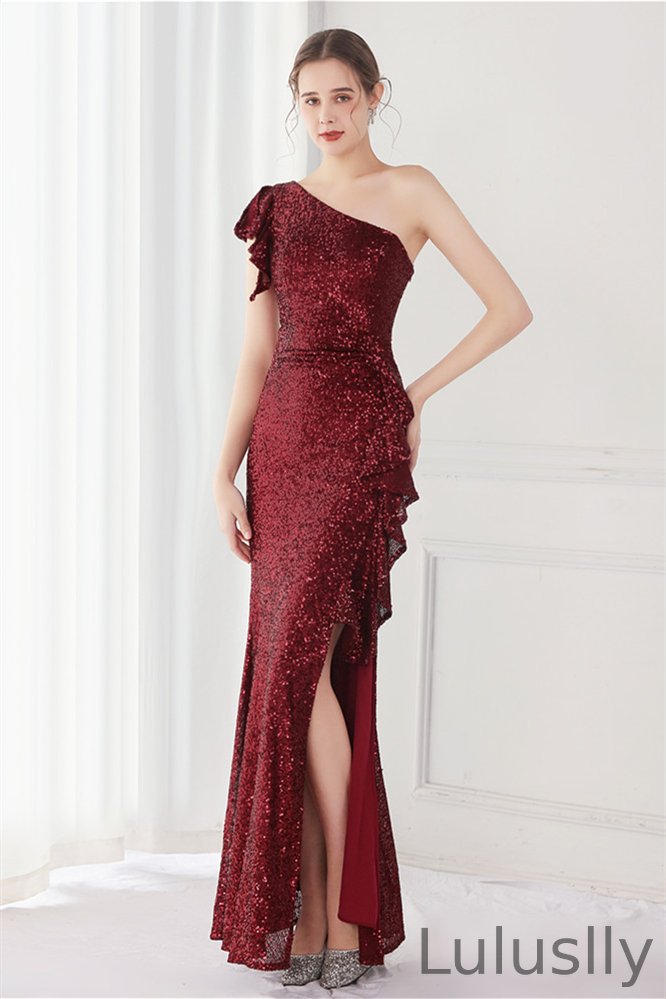 Luluslly One Shoulder Ruffles Evening Dress Mermaid Sequins With Split YE0088