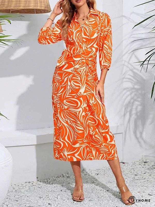 A-Line High Waisted Elasticity Printed Tied Waist Lapel Midi Dresses Shirt Dress | IFYHOME