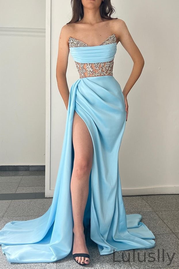 Luluslly Sweetheart Sky Blue Mermaid Evening Dress High Split WIth Beads