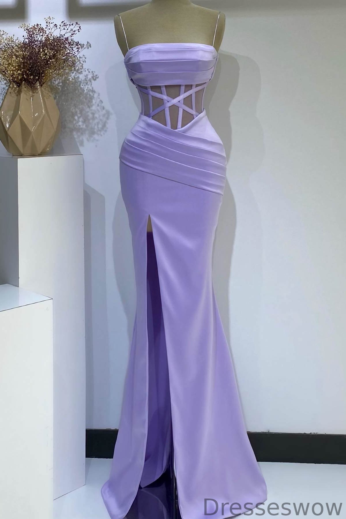 Dresseswow Lilac Spaghetti-Straps Sleeveless Mermaid Evening Dress With Split Pleats