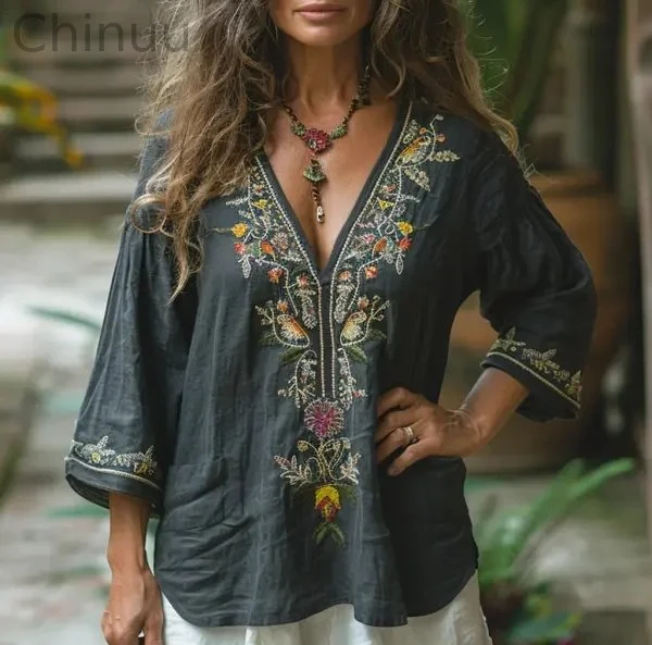 Retro Loose Comfortable And Breathable Ethnic Style Linen V-neck Short-sleeved Top