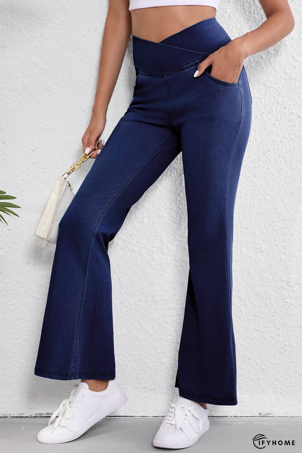 Solid Crossed Waist High Elastic Fit Flare Jeans | IFYHOME