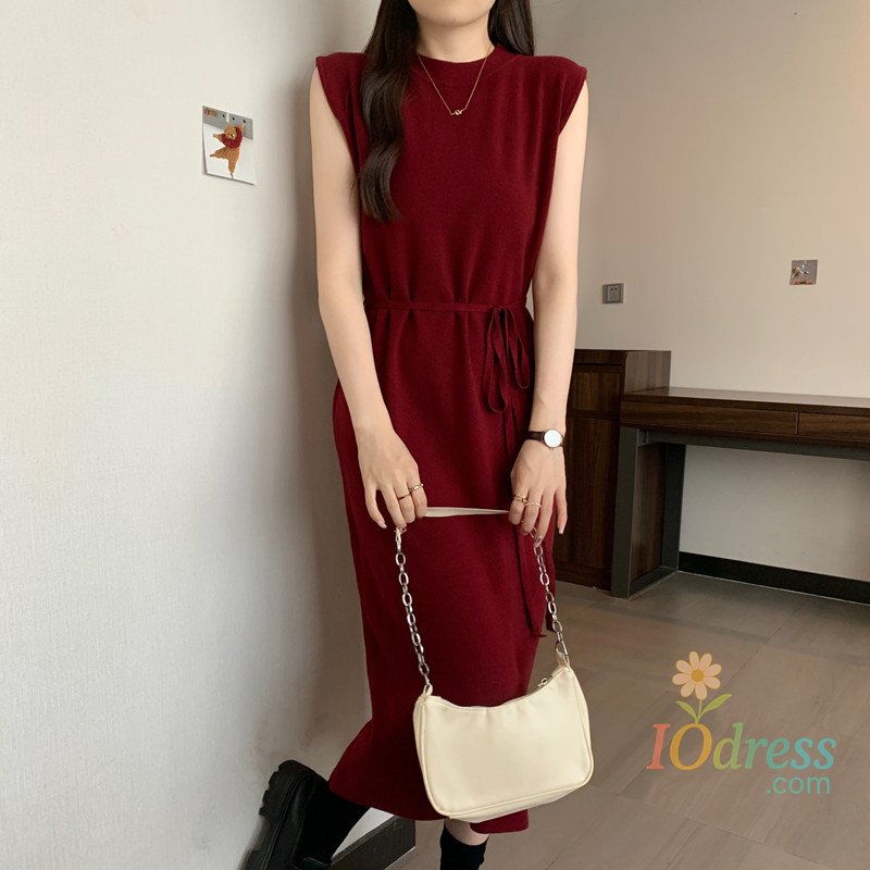 IO Dress Elegant Spliced sleeveless Knit Vintage O-neck Chic Slim Sashes Dresses Evening High Street Plus Size Clothing