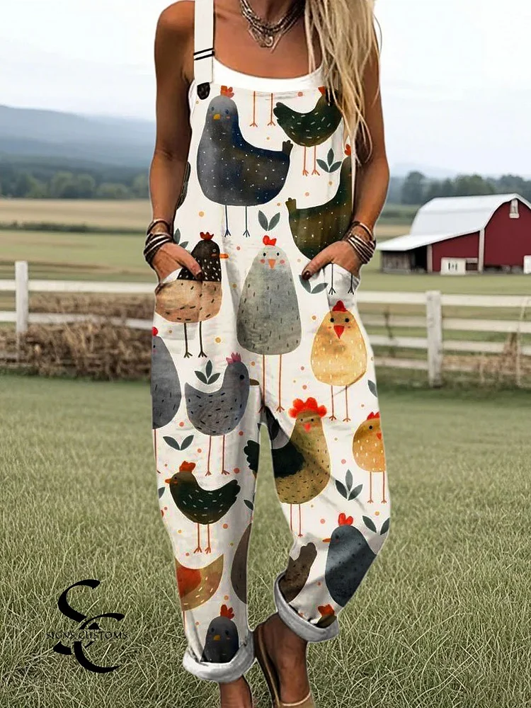 Women's Vintage Cute Chicken Art Pattern Print Casual 100% Cotton Jumpsuit