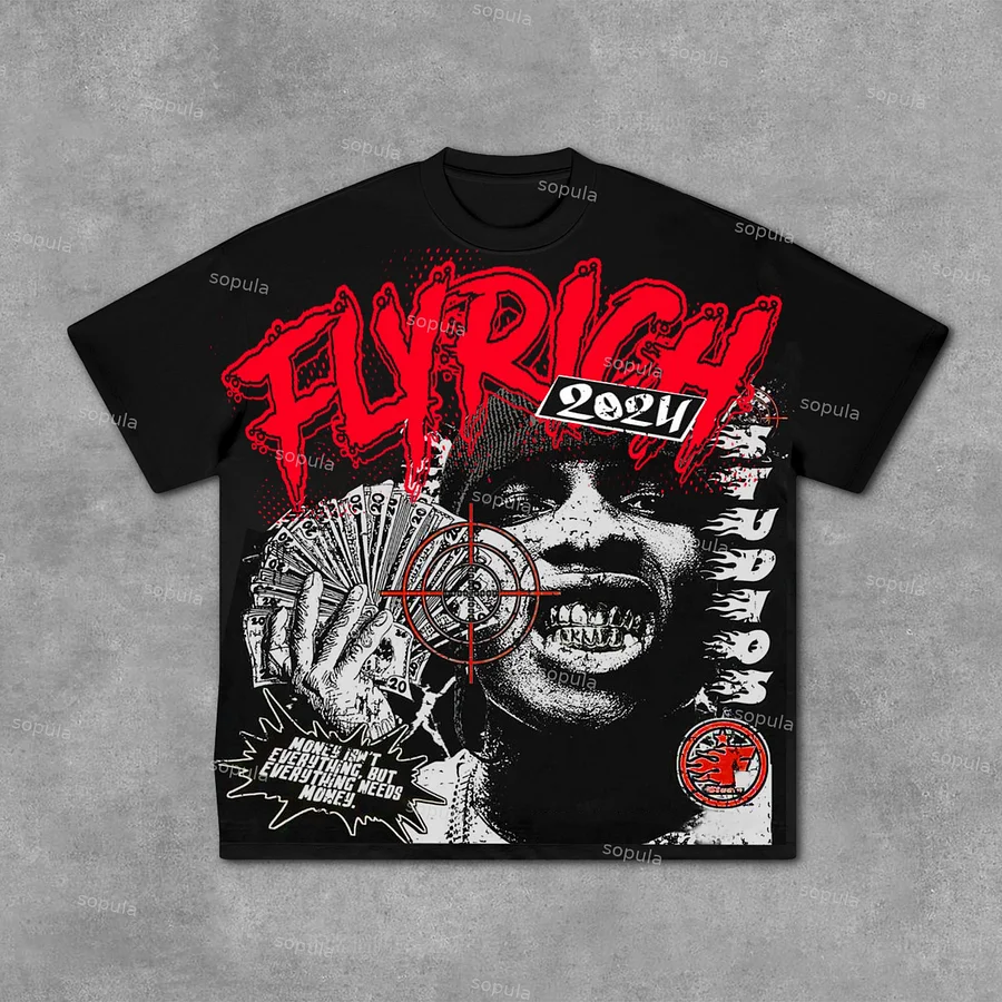 Fly Rich Abstract Human Face Graphic Cotton T-Shirt