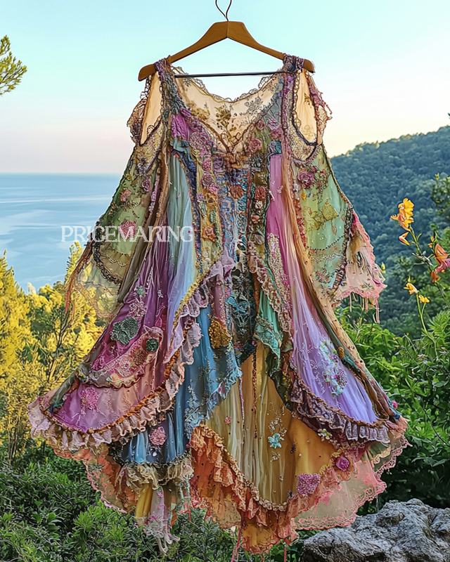 Summer Irregular Lace Patchwork BeadedRuffle Dress d646