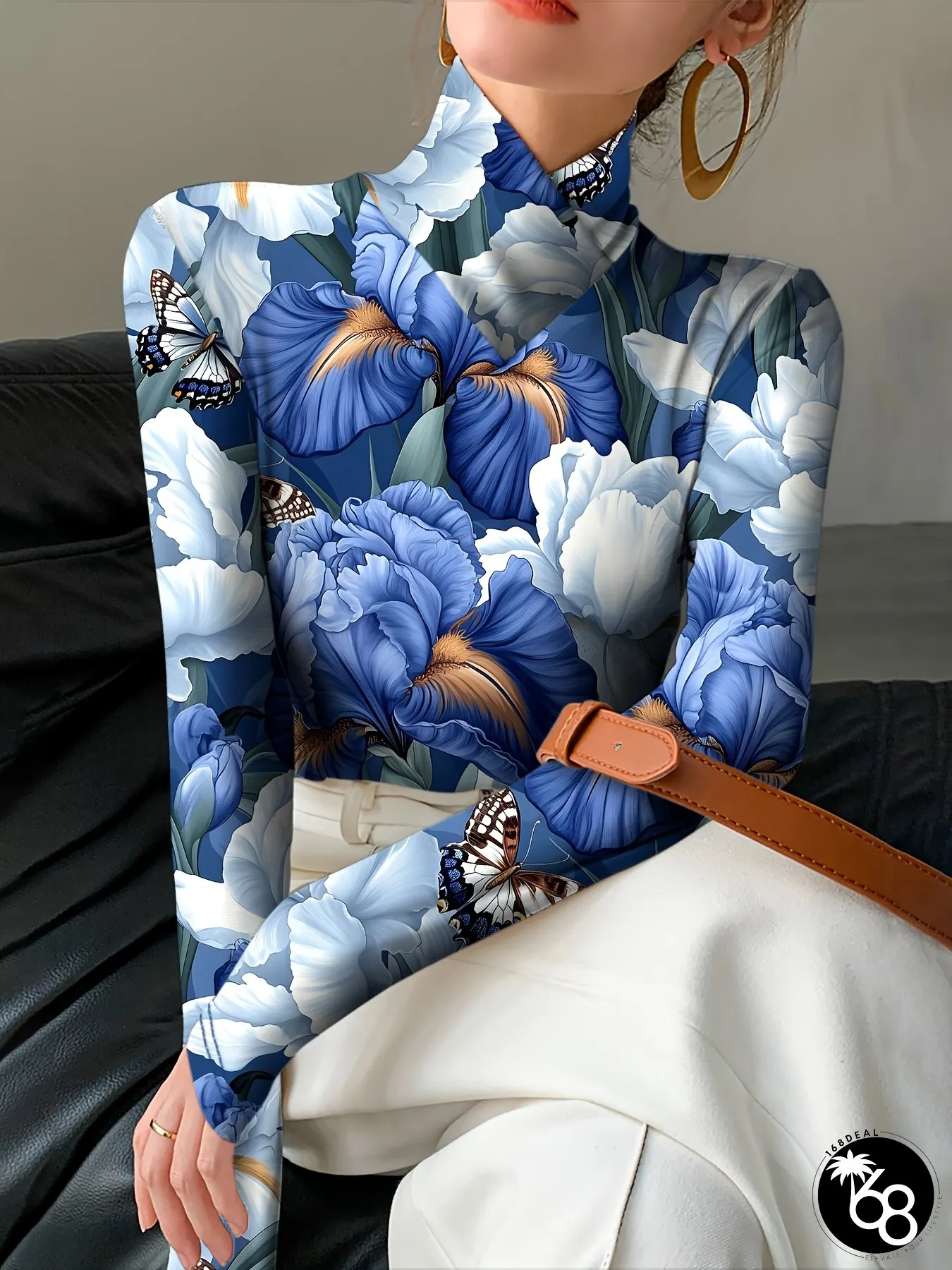 Stylish Women&lsquo;s Floral Print Turtleneck Long Sleeve Top | 168DEAL