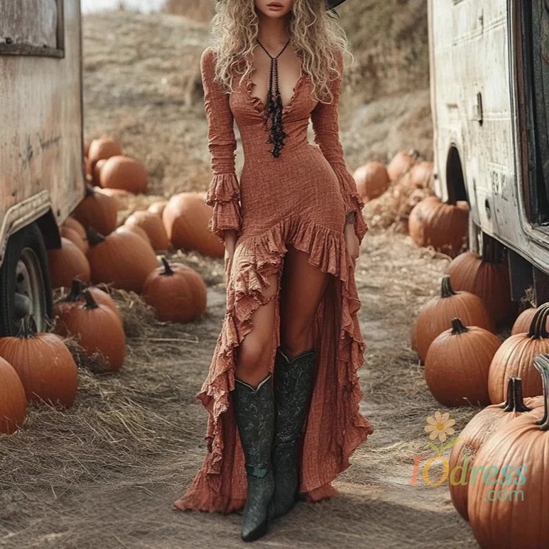 IO Dress Ethnic Retro Solid Ruffle Irregular Dress Women Spring V Neck Slim Party Long Dress Autumn Long Sleeve Boho Maxi Dress IO Dress