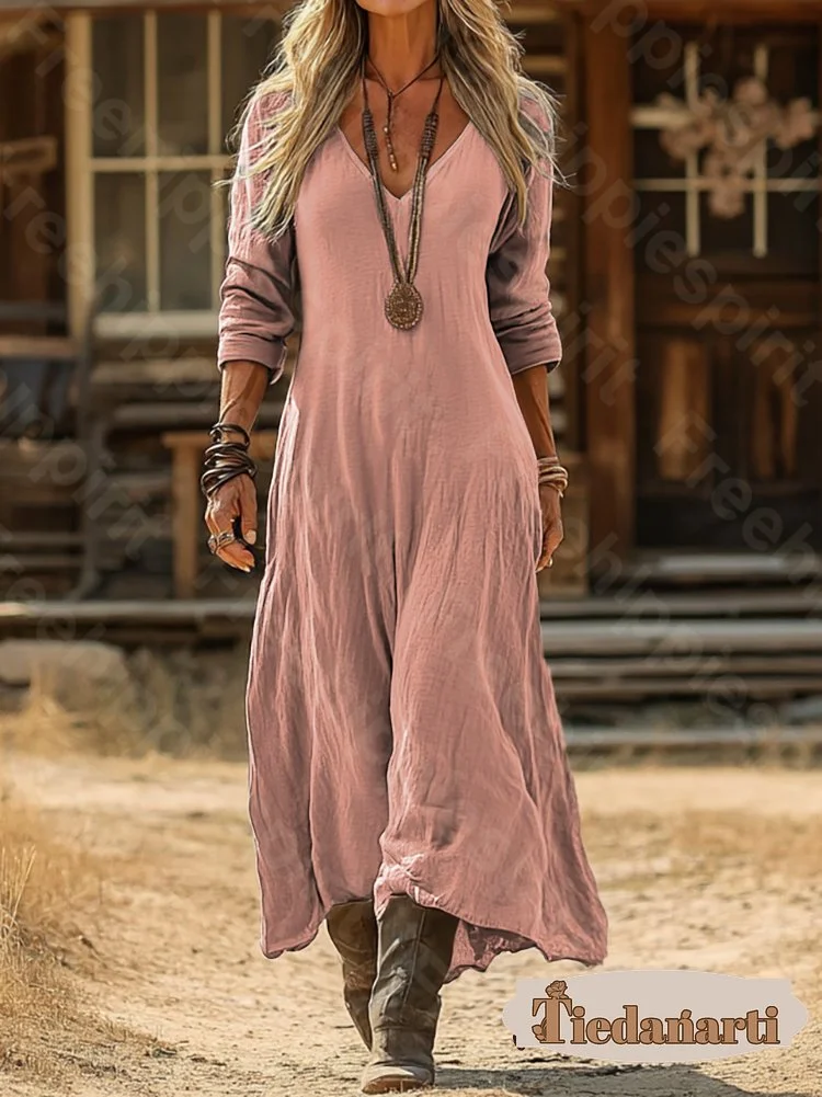 Women's Solid Color Comfortable Casual V-Neck Long Sleeve Cotton Pocket Dress