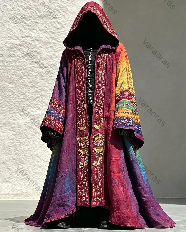 Men's Summer Fashion Boho-Style Patchwork Embroidered Linen Hooded Cape 8795