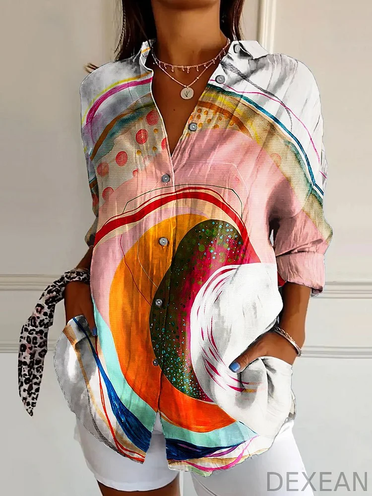 Women's Vintage Bold Abstract Art Print Casual Cotton Shirt